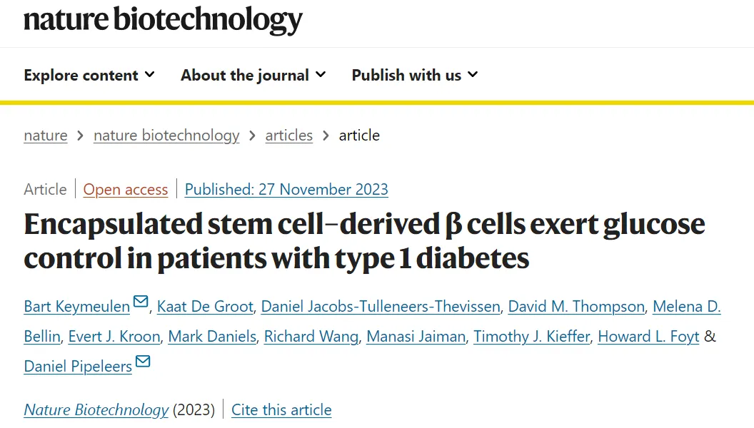 封装干细胞衍生的 β 细胞对 1 型糖尿病患者发挥血糖控制作用