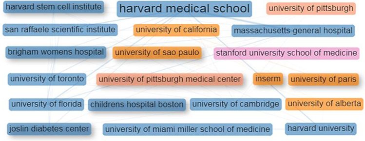 图4：干细胞治疗1型糖尿病研究的主要机构的合作网络。