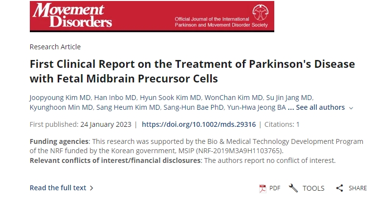 利用胎儿中脑前体细胞治疗帕金森病的首份临床报告