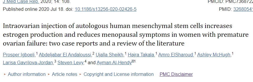 卵巢内注射自体人类间充质干细胞可增加卵巢早衰女性的雌激素产生并减少更年期症状