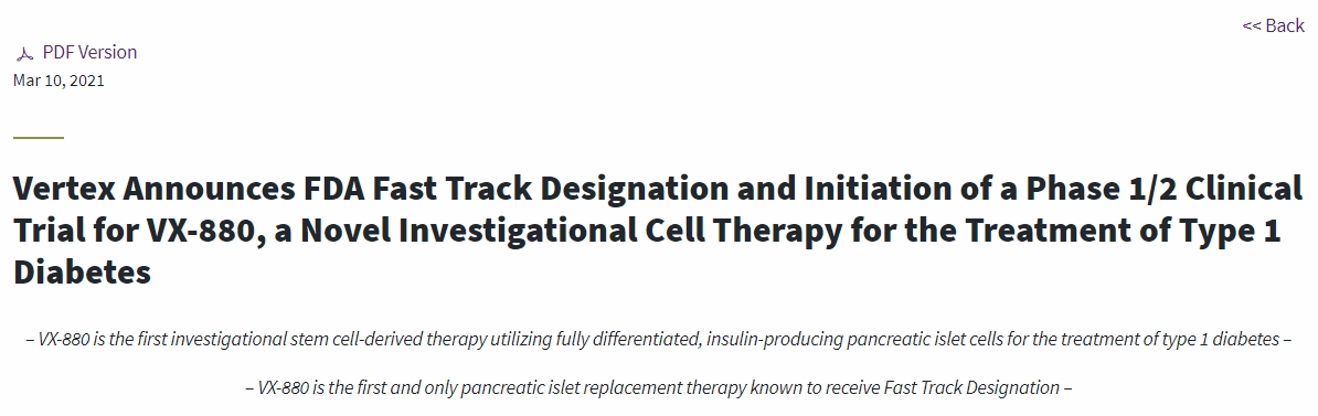 Vertex宣布获得FDA快速通道认定并启动VX-880的1/2期临床试验
