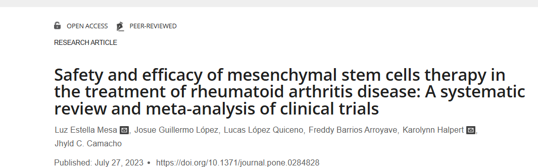 2023年7月27日，哥伦比亚BioXcellerator / BioXscience 先进疗法和转化医学中心在国际期刊《PLOS ONE》上发布了一篇《间充质干细胞治疗类风湿关节炎疾病的安全性和有效性：临床试验的系统评价和荟萃分析》的研究结果。