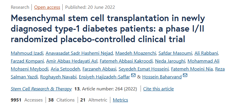 2022年6月20日，伊朗鲁瓦扬干细胞生物学和技术研究所在国际期刊《Stem Cell Research and Therapy》上发布了一篇《新诊断的 1 型糖尿病患者的间充质干细胞移植：一项 I/II 期随机安慰剂对照临床试验》的实验结果。