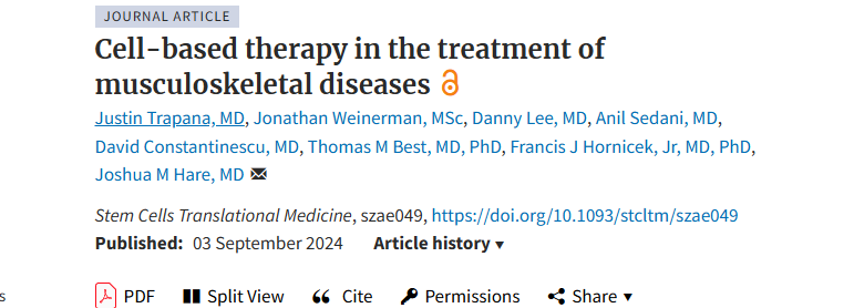 2024年9月3日，迈阿密大学米勒医学院在国际期刊《Stem Cell Translational Medicine》上发布了一篇《细胞疗法在肌肉骨骼疾病治疗中的应用》的研究结果。