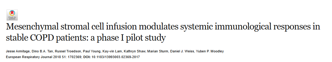 2018年，西澳大利亚大学在国际期刊《European Respiratory Journal》上发布了一篇《间充质基质细胞输注调节稳定期 COPD 患者的全身免疫反应：一项 I 期试点研究》的研究结果。