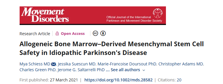 2021年3月27日，休斯顿德克萨斯大学在国际期刊《Movement Disorders》上发布了一篇《同种异体骨髓间充质干细胞在特发性帕金森病中的安全性》的研究结果。