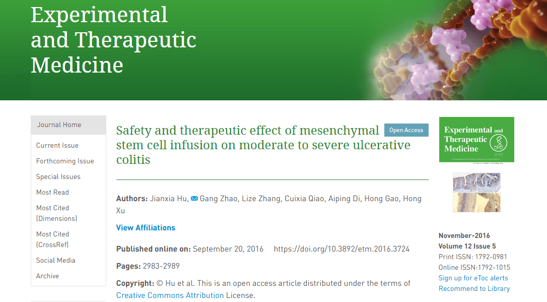 2016年9月20日，青岛大学附属医院在国际期刊《Experimental andTherapeutic Medicine》上发布了一篇《间充质干细胞输注治疗中重度溃疡性结肠炎的安全性及治疗效果》的研究结果。