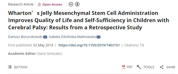 沃顿果冻间充质干细胞治疗可改善脑瘫儿童的生活质量和自给自足能力：一项回顾性研究的结果