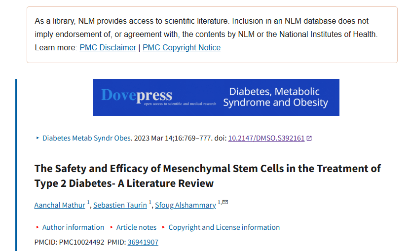 2023年3月14日，巴林麦纳麦阿拉伯海湾大学再生医学中心在国际期刊《Diabetes metabolic syndrome obesity》发布了一篇《间充质干细胞治疗 2 型糖尿病的安全性和有效性 - 文献综述》的研究结果。