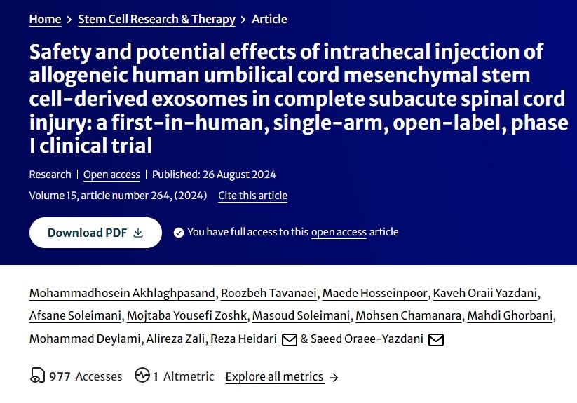 鞘内注射同种异体人脐带间充质干细胞来源的外泌体对完全性亚急性脊髓损伤的安全性和潜在影响：一项首次人体、单组、开放标签、 I 期临床试验