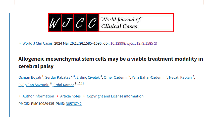 2024年3月26日，土耳其健康科学大学在在国际期刊《World Journal of Clinical Cases》上发布了一篇《同种异体间充质干细胞可能是治疗脑瘫的一种可行方法》的研究结果。