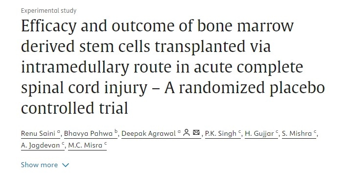 骨髓干细胞经髓内移植治疗急性完全性脊髓损伤的疗效和结果——一项随机安慰剂对照试验
