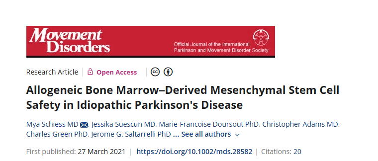 2021年3月27日，德克萨斯大学休斯顿健康科学中心在国际期刊《Movement  Disorders》上发布了一篇《同种异体骨髓间充质干细胞在特发性帕金森病中的安全性》的研究成果。