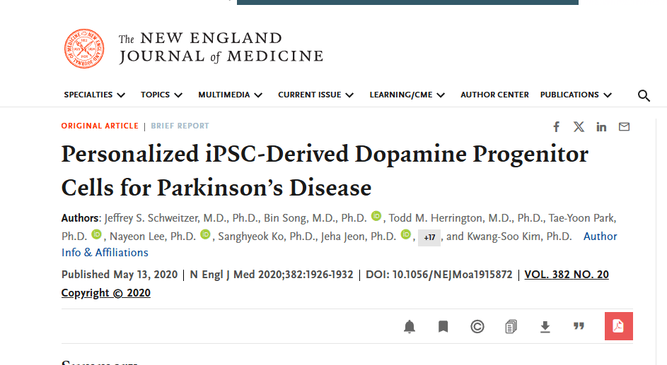 2020年5月13日，麻省总医院神经外科在国际期刊《New England Journal of Medicine》上发布了一篇《个性化 iPSC 衍生的多巴胺祖细胞用于治疗帕金森病》的研究结果。