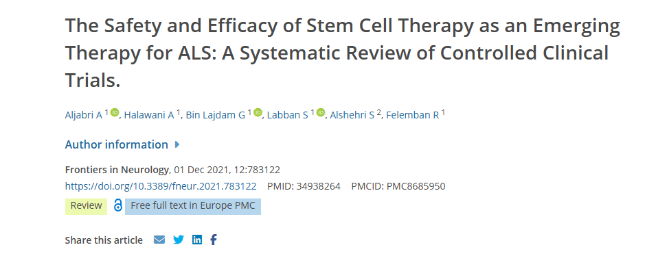 2021年12月1日，阿卜杜勒阿齐兹国王健康科学大学在国际期刊《Frontiers in Neurology》上发布了一篇《干细胞疗法作为 ALS 新兴疗法的安全性和有效性：对照临床试验的系统评价》的研究结果。