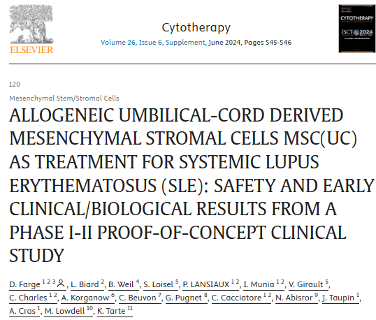 《同种异体脐带间充质基质细胞 MSC(UC) 治疗系统性红斑狼疮 (SLE)：I-II 期概念验证临床研究的安全性和早期临床/生物学结果》