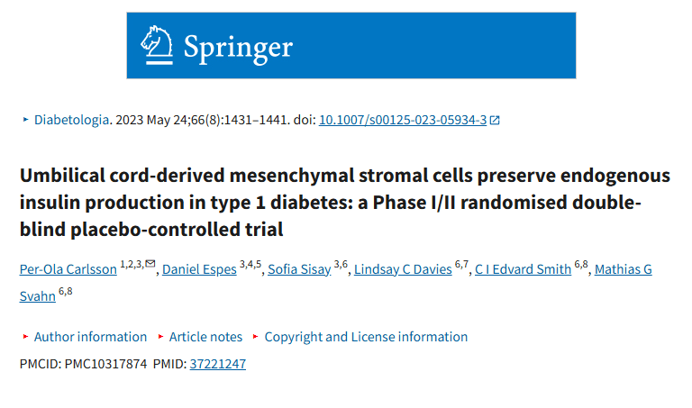 《脐带间充质基质细胞保留 1 型糖尿病患者的内源性胰岛素产生：一项 I/II 期随机双盲安慰剂对照试验》