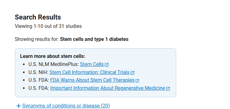 clinicaltrials.gov网站上注册的有关干细胞治疗1型糖尿病临床研究项目有31项