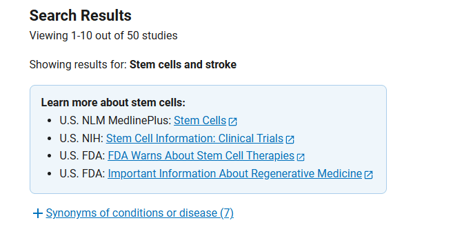 clinicaltrials.gov网站上注册的有关干细胞治疗中风临床研究项目有50项