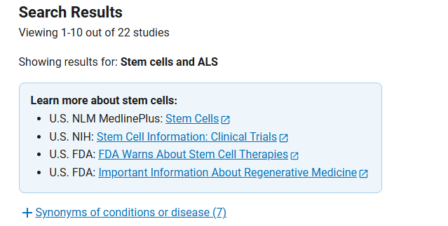 clinicaltrials.gov网站上注册的有关干细胞治疗渐冻症临床研究项目有22项 