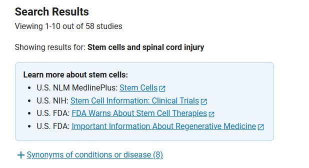 clinicaltrials.gov网站上注册的有关干细胞治疗脊髓损伤临床研究项目有58项 