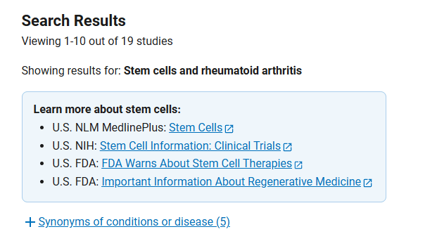 clinicaltrials.gov网站上注册的有关干细胞治疗类风湿关节炎的临床研究项目有19项 