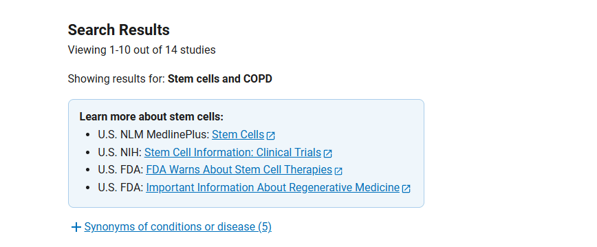 clinicaltrials.gov网站上注册的有关干细胞治疗慢阻肺的临床研究项目有14项