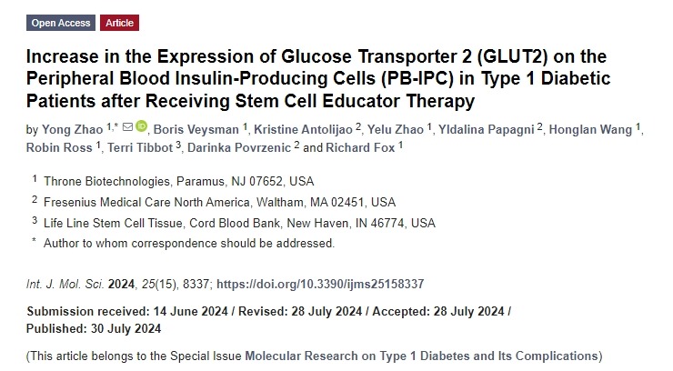 接受干细胞教育者治疗后1型糖尿病患者外周血胰岛素产生细胞 (PB-IPC) 葡萄糖转运蛋白2 (GLUT2) 表达增加